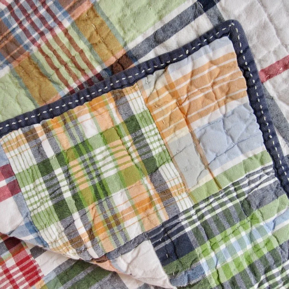 Pottery Barn Madras Plaid Patchwork Full Queen Quilt w 2 Shams Red Blue Green